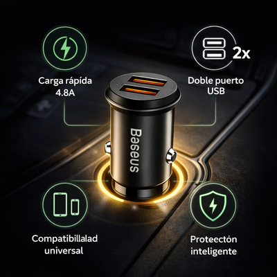 Baseus – Cargador de Auto Dual USB con Carga Rápida para tu Smartphone