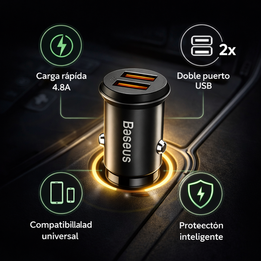 Baseus – Cargador de Auto Dual USB con Carga Rápida para tu Smartphone