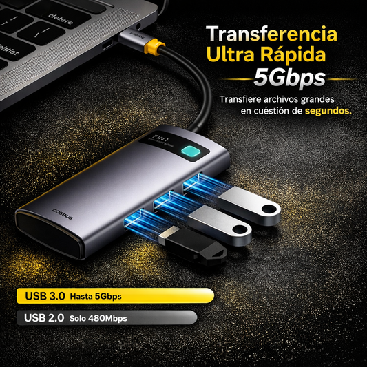 Baseus Adaptador Multipuerto USB-C 7 en 1 HDMI 4K · Carga Rápida 100W PD · 3 USB 3.0 · Lector SD/TF