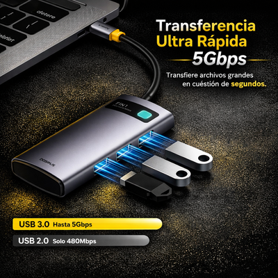 Baseus Adaptador Multipuerto USB-C 7 en 1 HDMI 4K · Carga Rápida 100W PD · 3 USB 3.0 · Lector SD/TF
