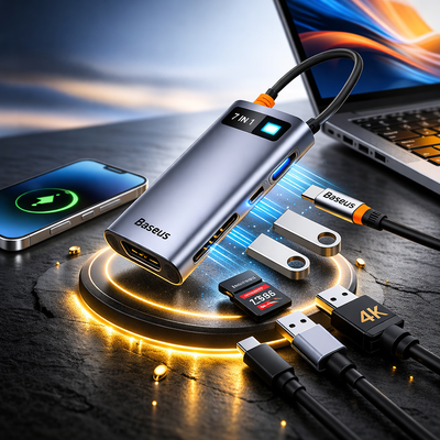 Baseus Adaptador Multipuerto USB-C 7 en 1 HDMI 4K · Carga Rápida 100W PD · 3 USB 3.0 · Lector SD/TF