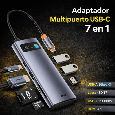 Baseus Adaptador Multipuerto USB-C 7 en 1 HDMI 4K · Carga Rápida 100W PD · 3 USB 3.0 · Lector SD/TF