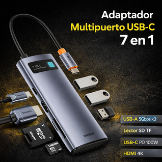 Baseus Adaptador Multipuerto USB-C 7 en 1 HDMI 4K · Carga Rápida 100W PD · 3 USB 3.0 · Lector SD/TF