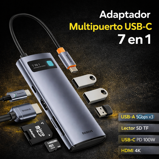 Baseus Adaptador Multipuerto USB-C 7 en 1 HDMI 4K · Carga Rápida 100W PD · 3 USB 3.0 · Lector SD/TF